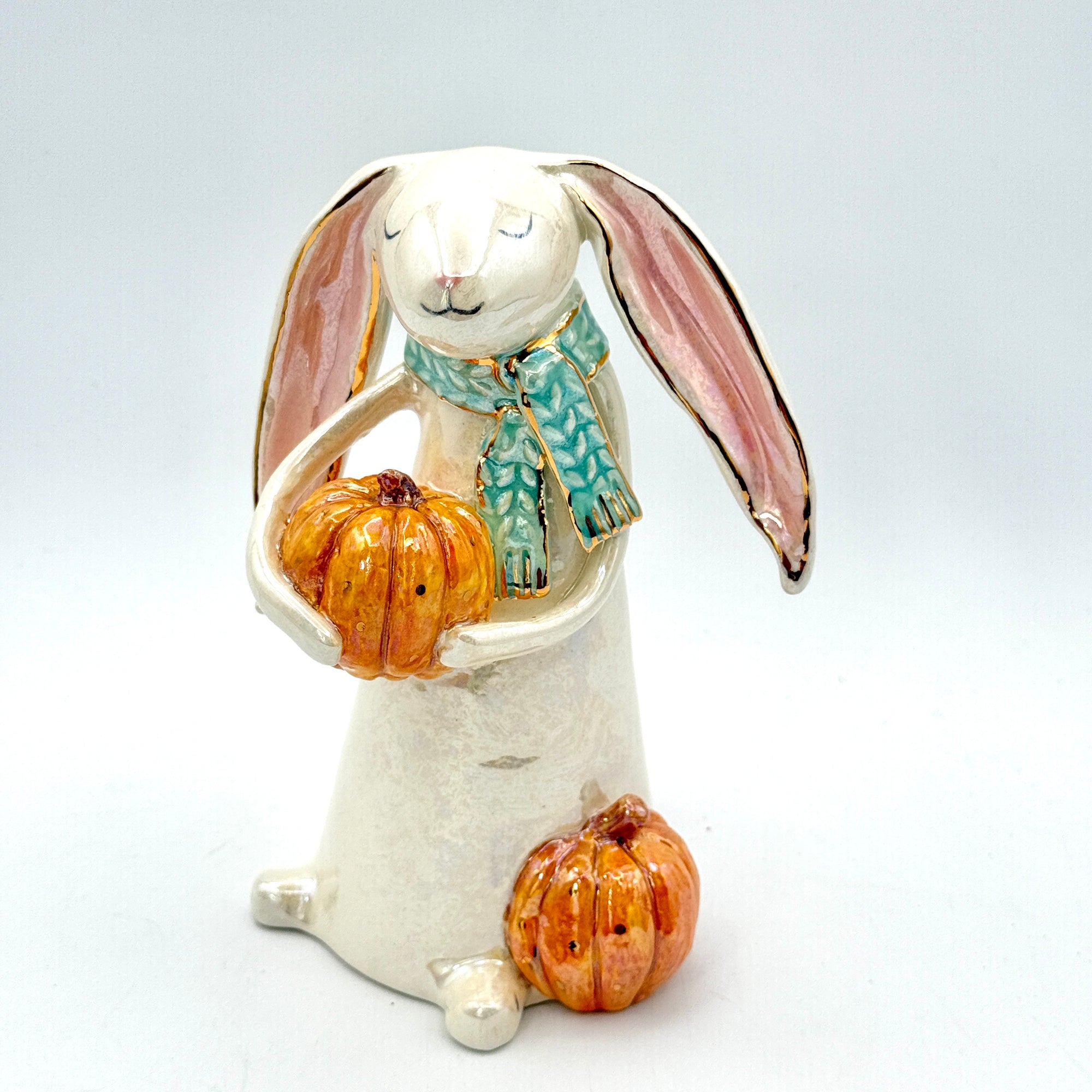 Hand-Sculpted Bunny with Pumpkin & Green Scarf — Fall Limited Edition #35