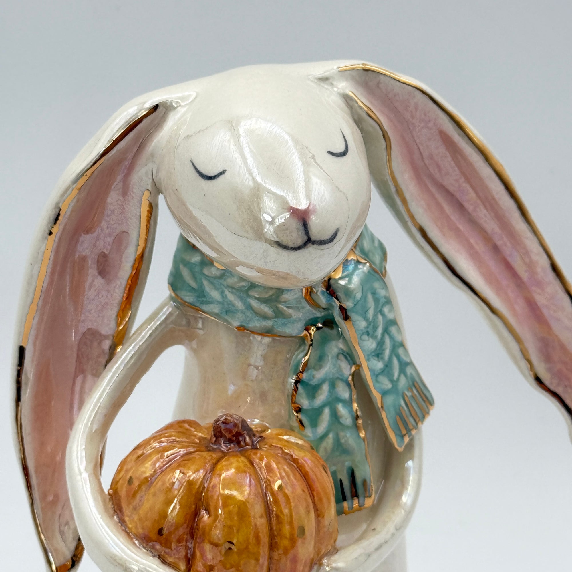 Hand-Sculpted Bunny with Pumpkin & Green Scarf — Fall Limited Edition #35
