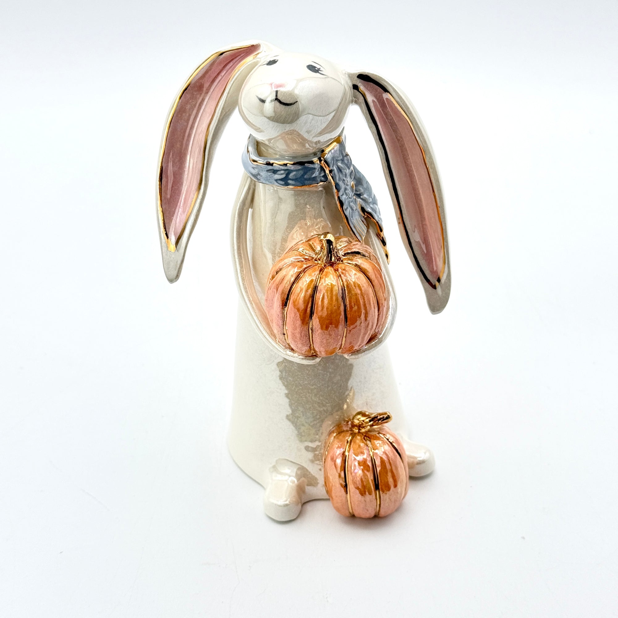 Hand-Sculpted Bunny with Pumpkin & Blue Scarf — Fall Limited Edition #37