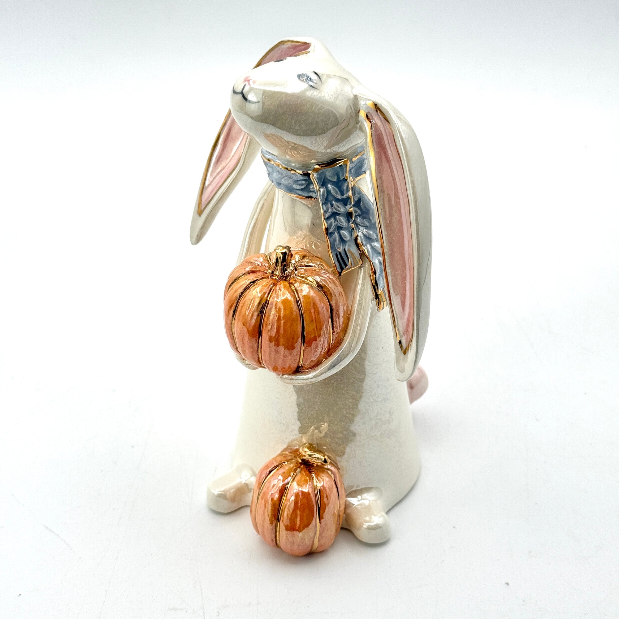Hand-Sculpted Bunny with Pumpkin & Blue Scarf — Fall Limited Edition #37