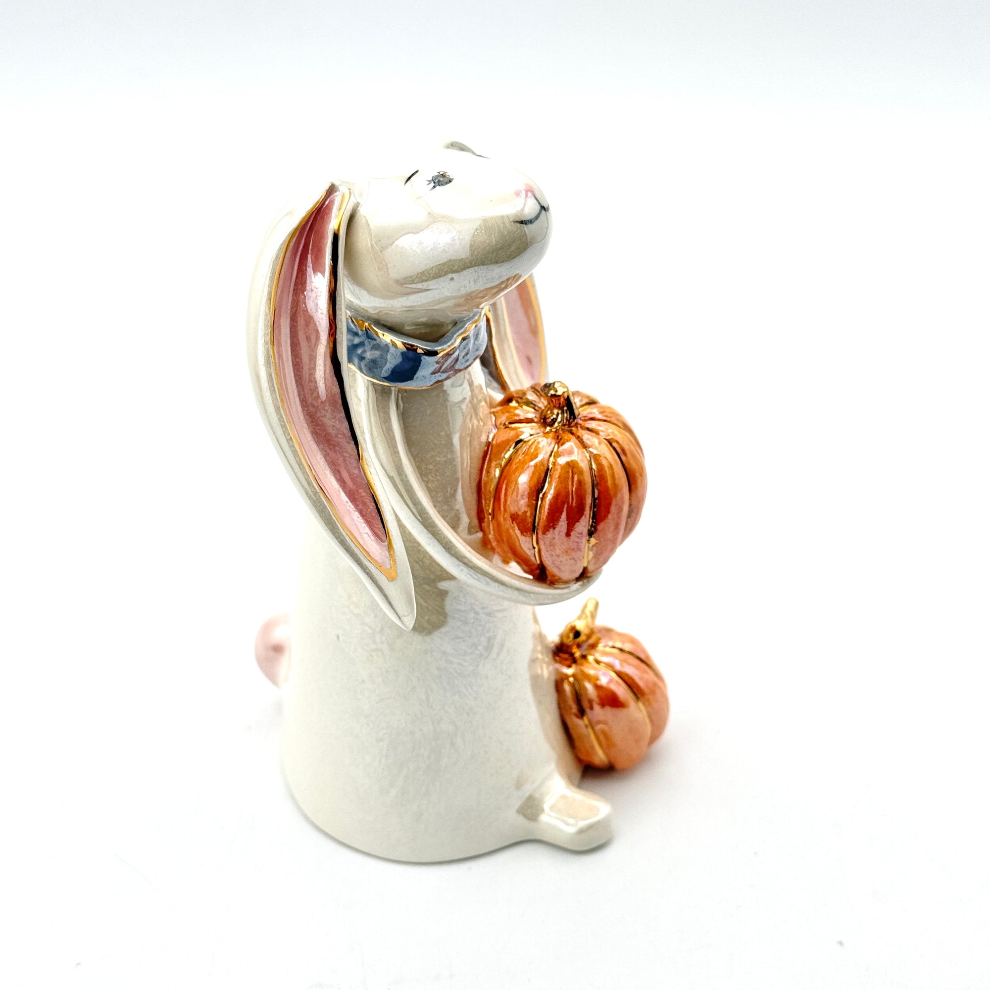 Hand-Sculpted Bunny with Pumpkin & Blue Scarf — Fall Limited Edition #37