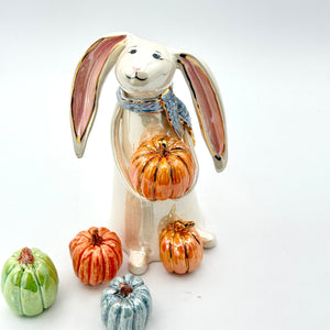 Hand-Sculpted Bunny with Pumpkin & Blue Scarf — Fall Limited Edition #37