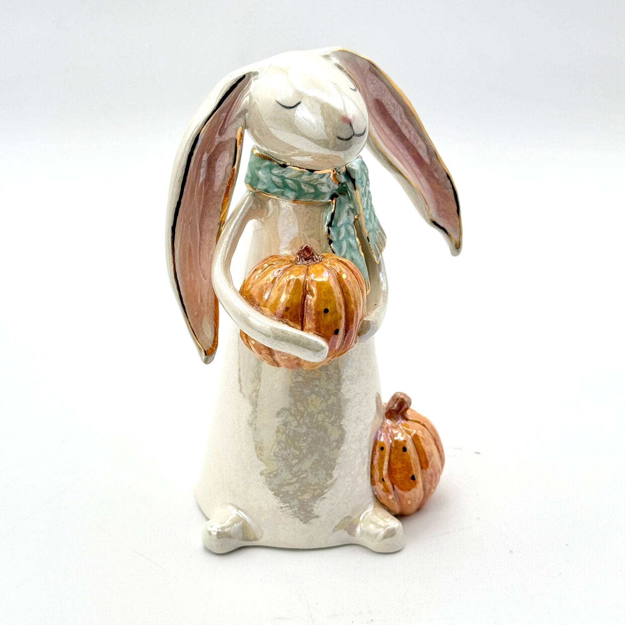Hand-Sculpted Bunny with Pumpkin & Green Scarf — Fall Limited Edition #35