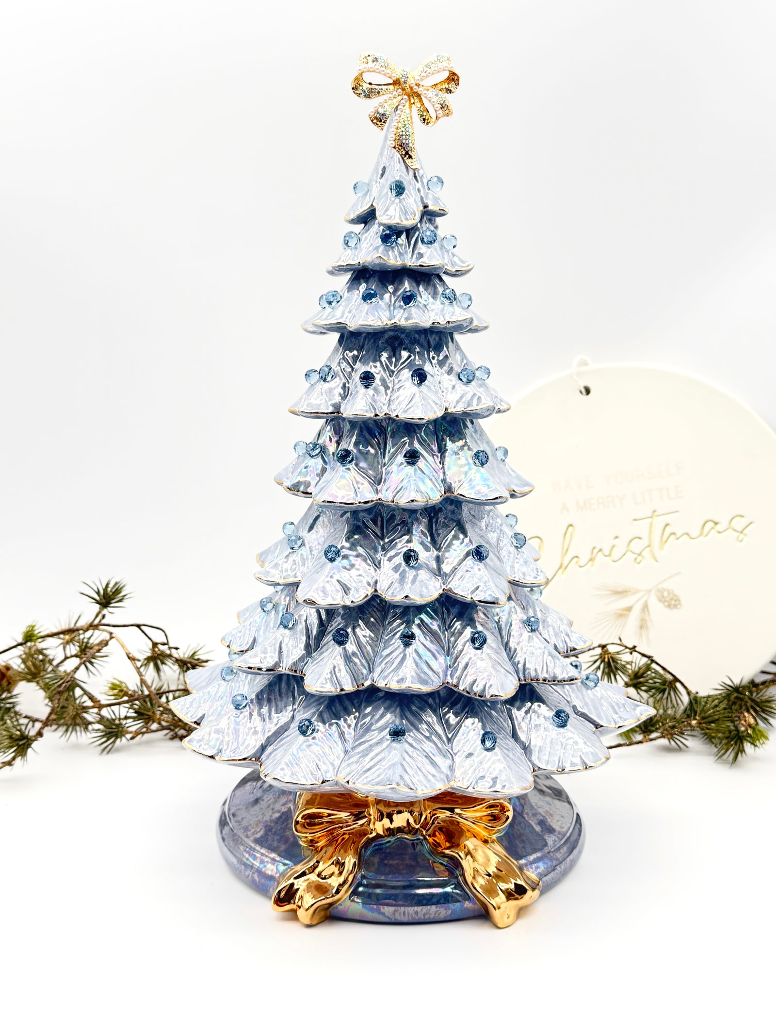 Vintage Ceramic Christmas Tree – Blue-Silver with Mother of Pearl Finish