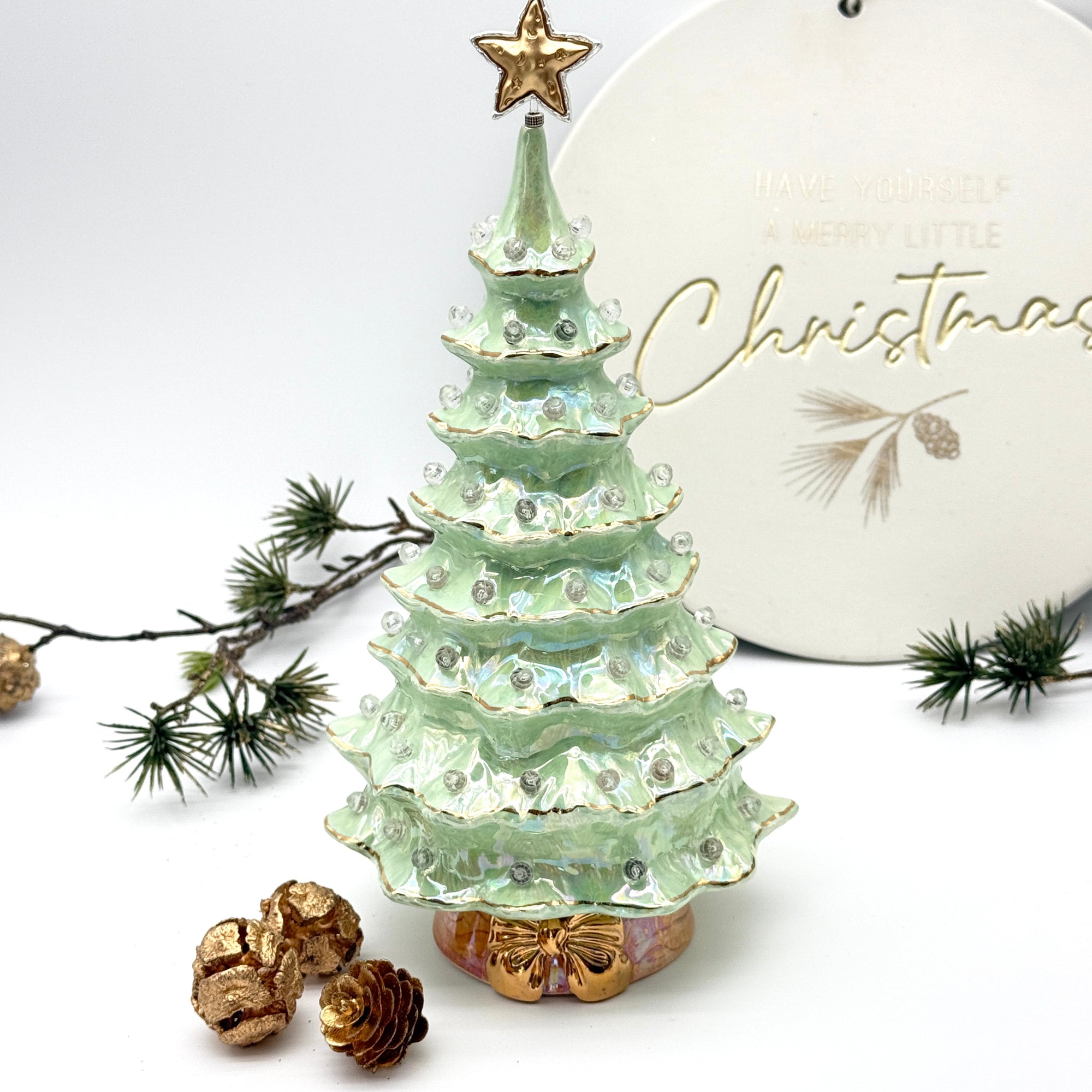 9" Iridescent Ceramic Christmas Tree with 22k Gold Accents