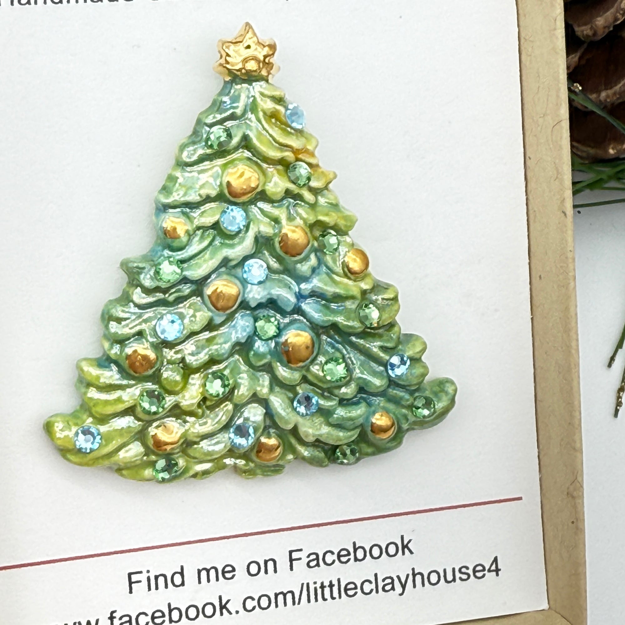 Christmas Tree Ceramic Brooch - Verigated Green/Blue