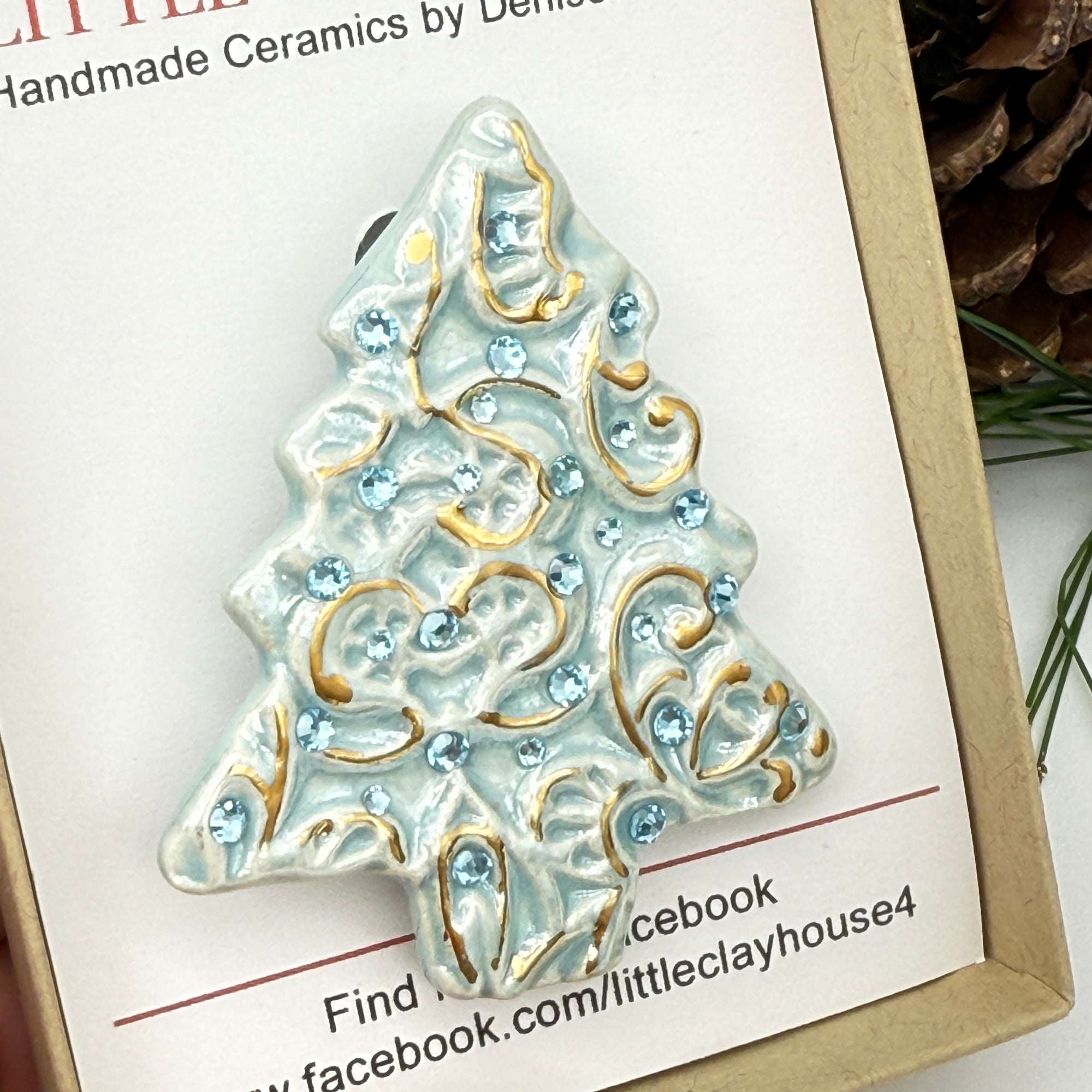 Christmas Tree Ceramic Brooch - Light Blue on Blue