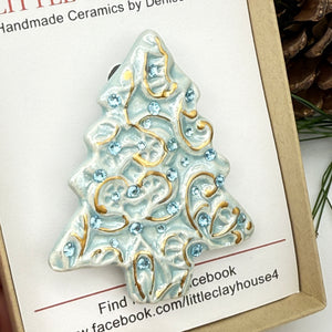 Christmas Tree Ceramic Brooch - Light Blue on Blue