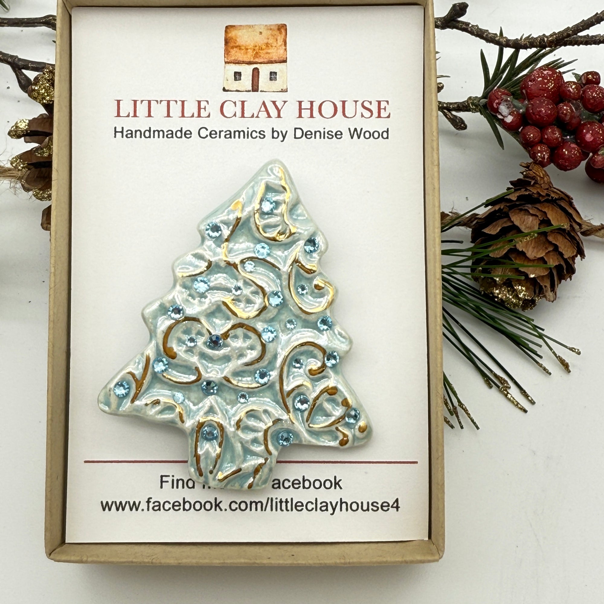 Christmas Tree Ceramic Brooch - Light Blue on Blue