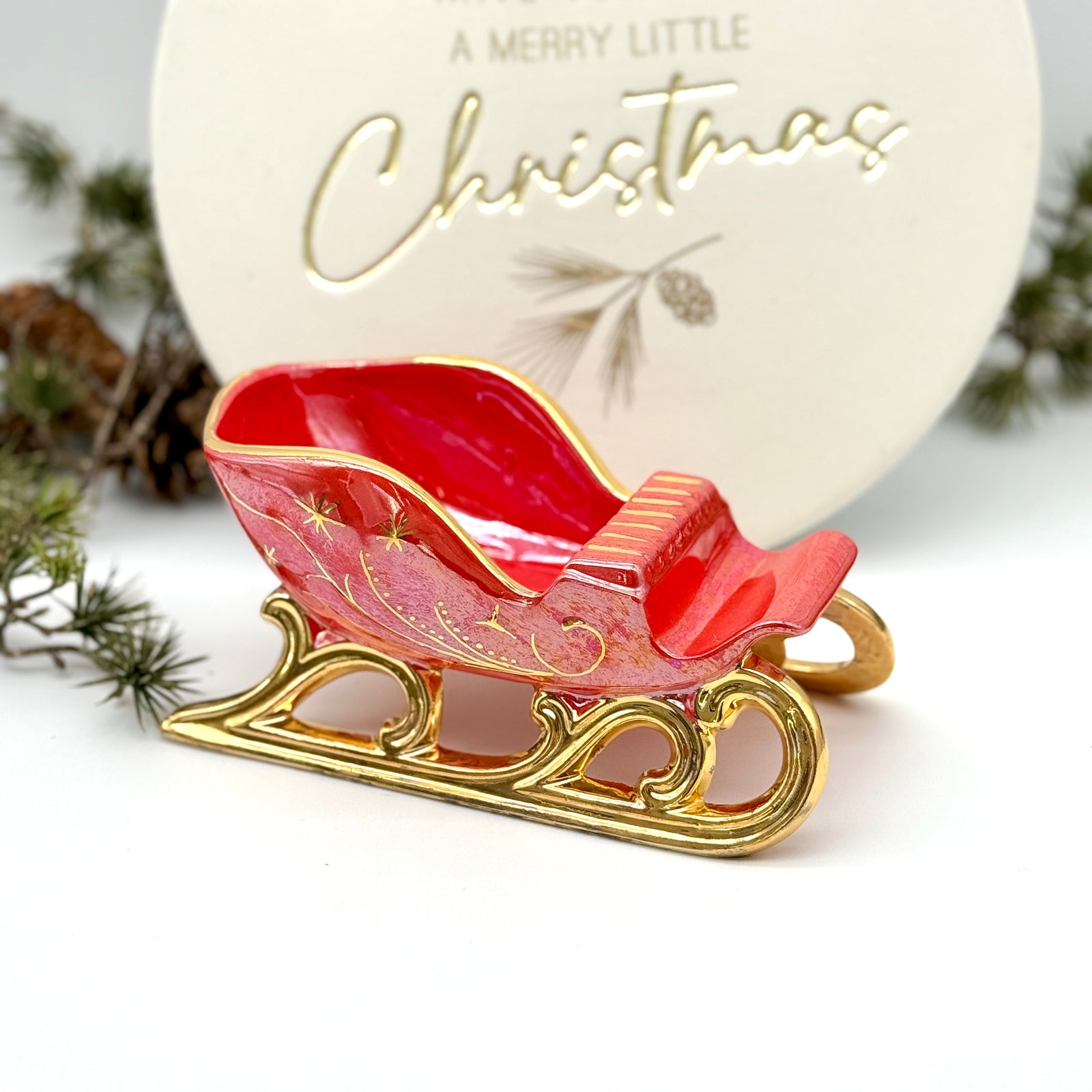 Christmas Sleigh Dish - Festive Red & 22K Gold Luster