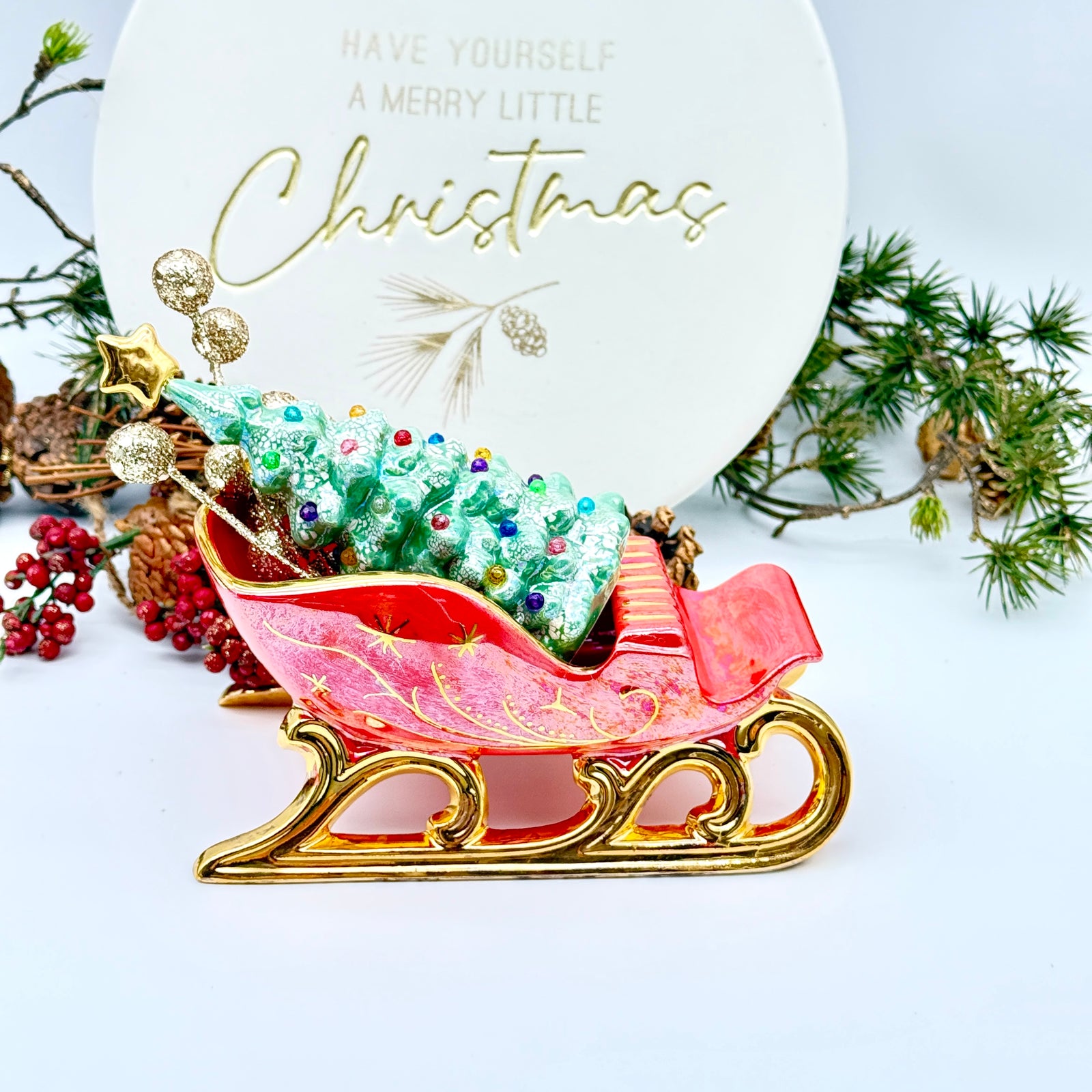 Christmas Sleigh Dish - Festive Red & 22K Gold Luster