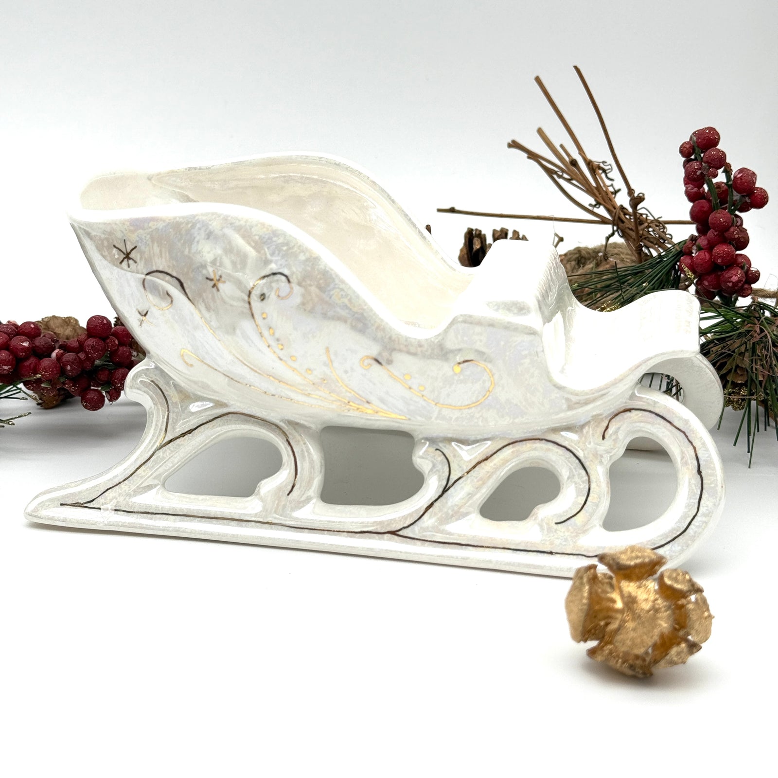 Christmas Sleigh Dish - White & 22K Gold Luster