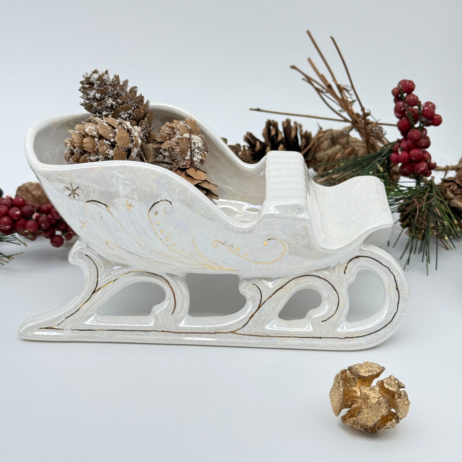 Christmas Sleigh Dish - White & 22K Gold Luster