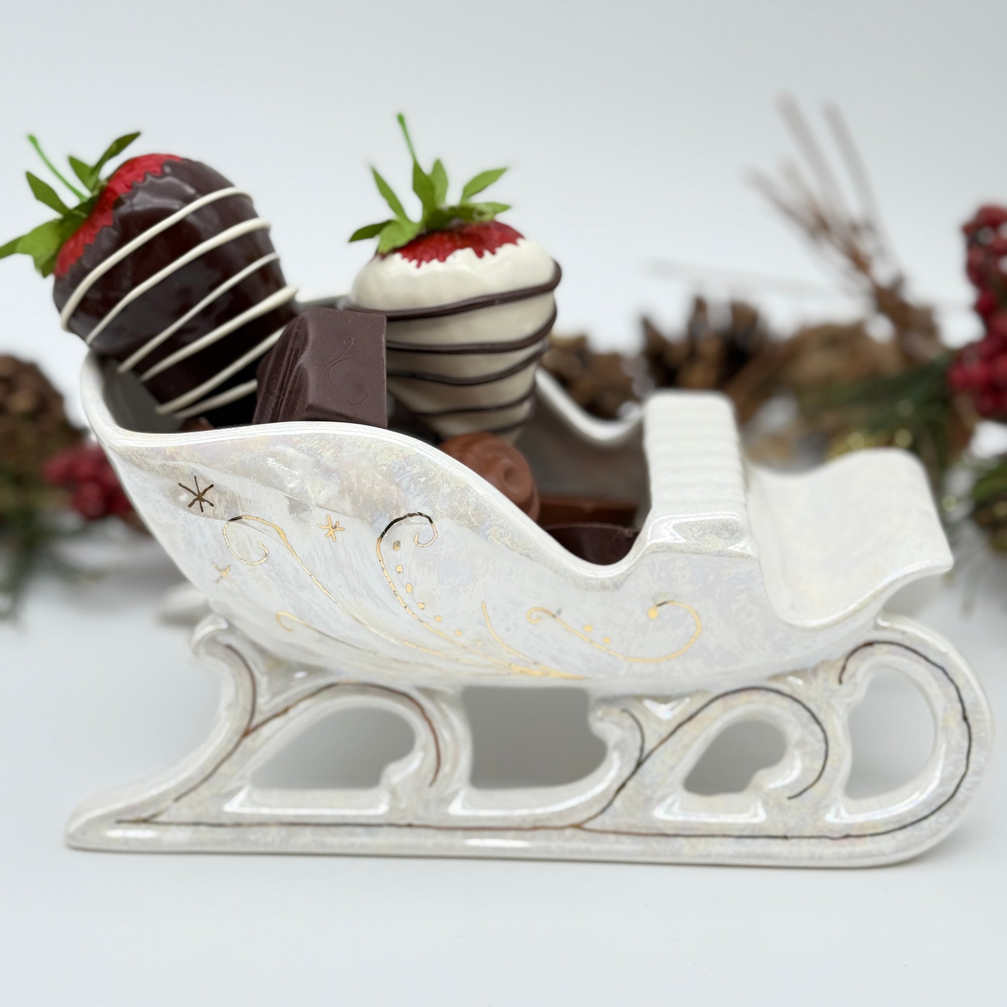 Christmas Sleigh Dish - White & 22K Gold Luster