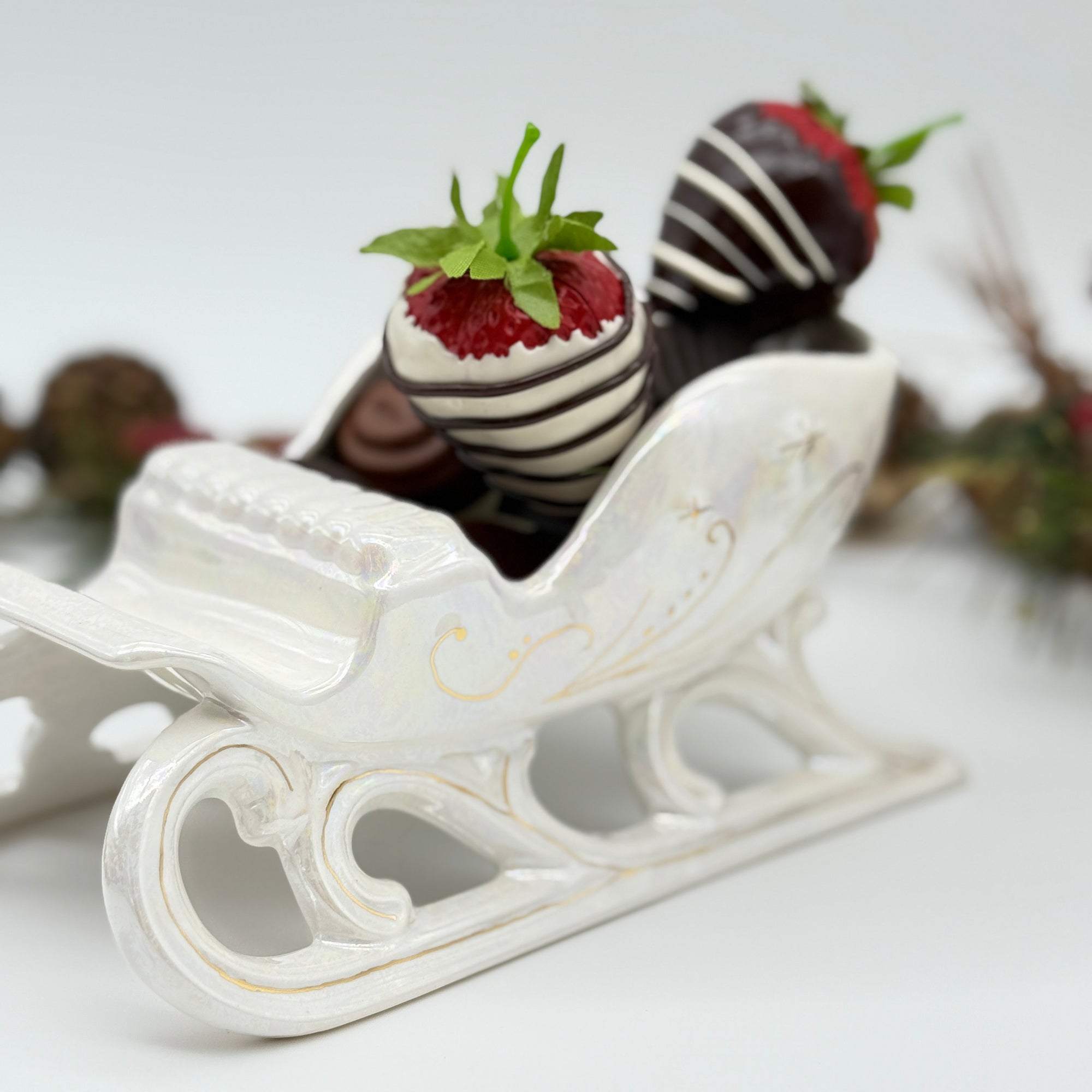 Christmas Sleigh Dish - White & 22K Gold Luster