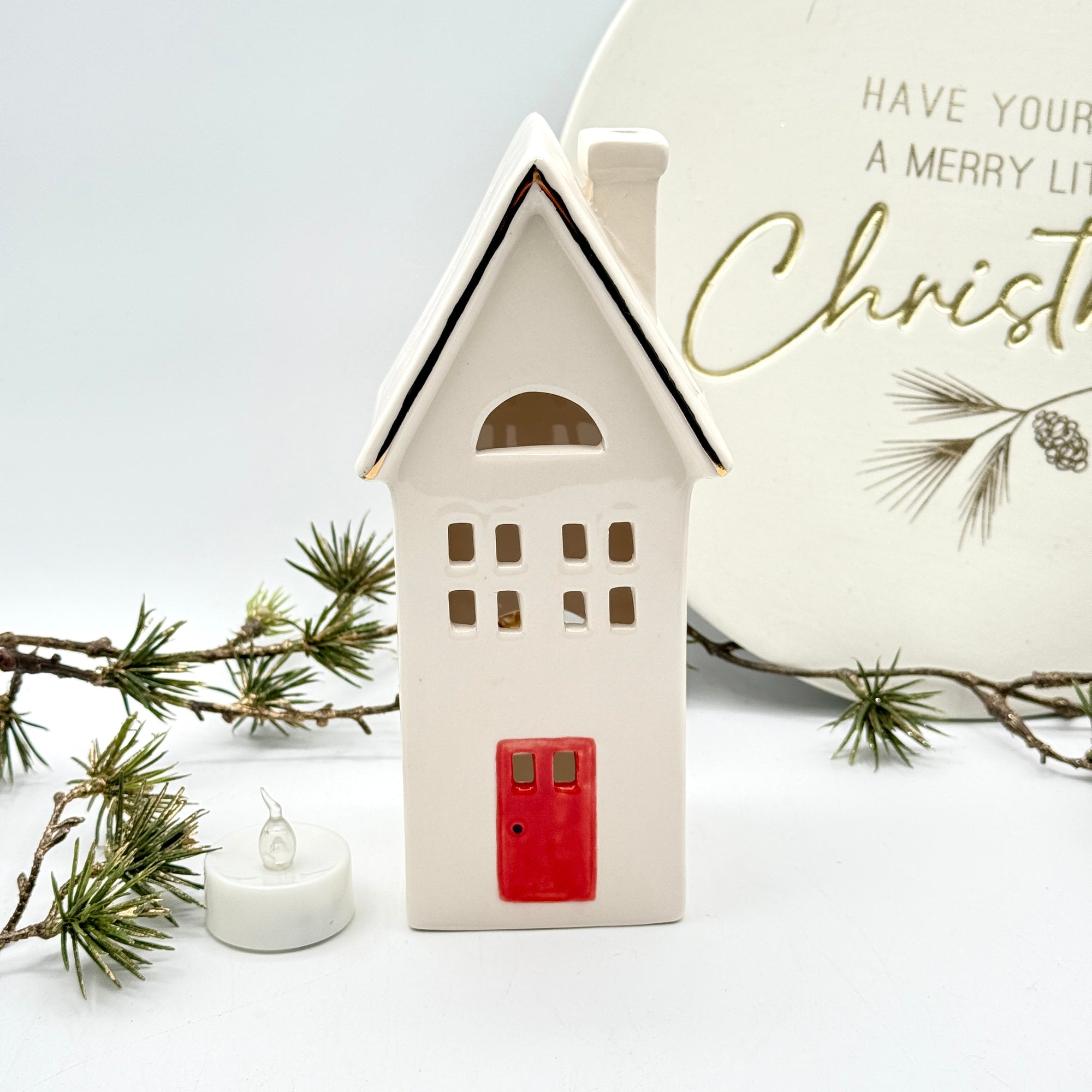 Ceramic Christmas Luminary House with Red Door – Hand Painted