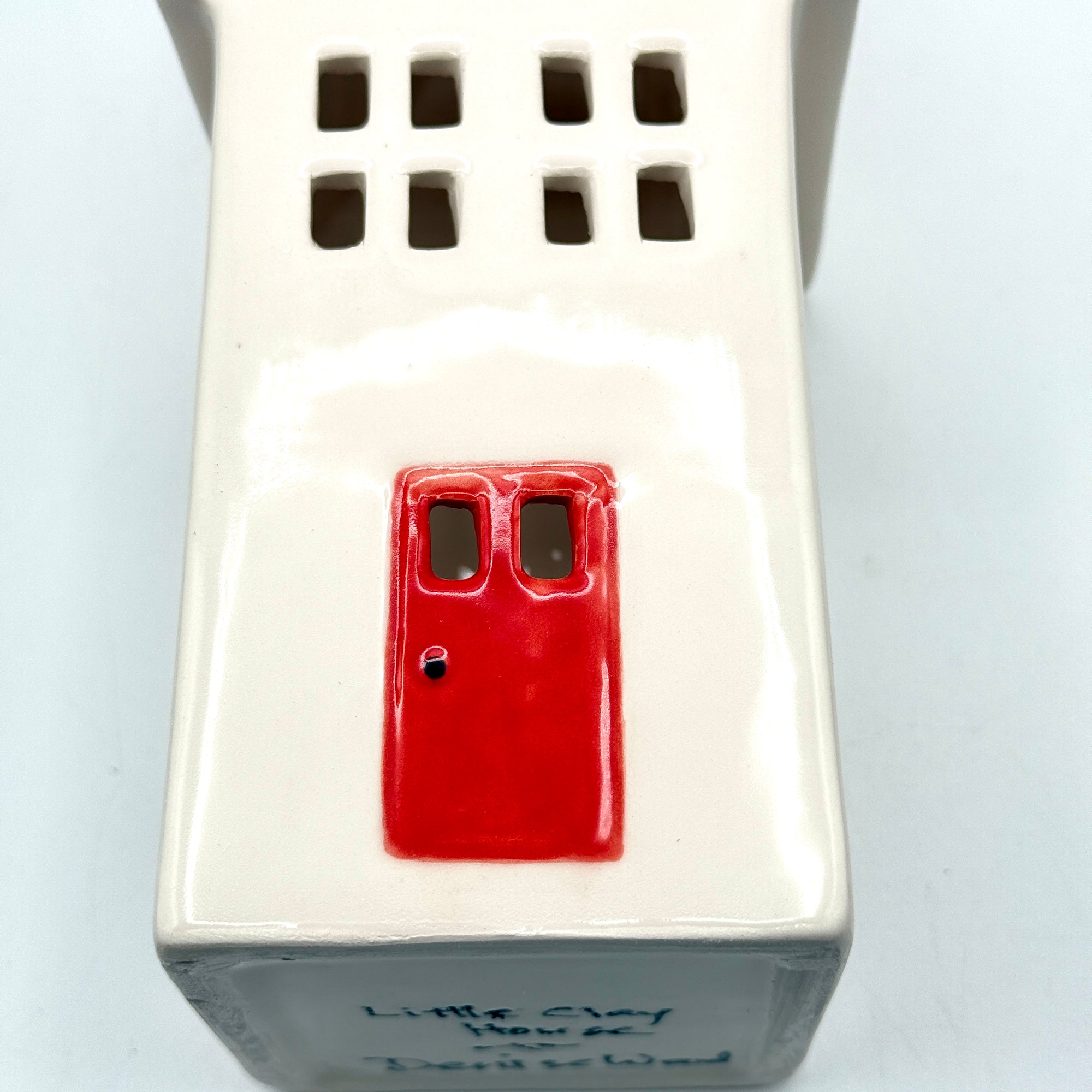 Ceramic Christmas Luminary House with Red Door – Hand Painted