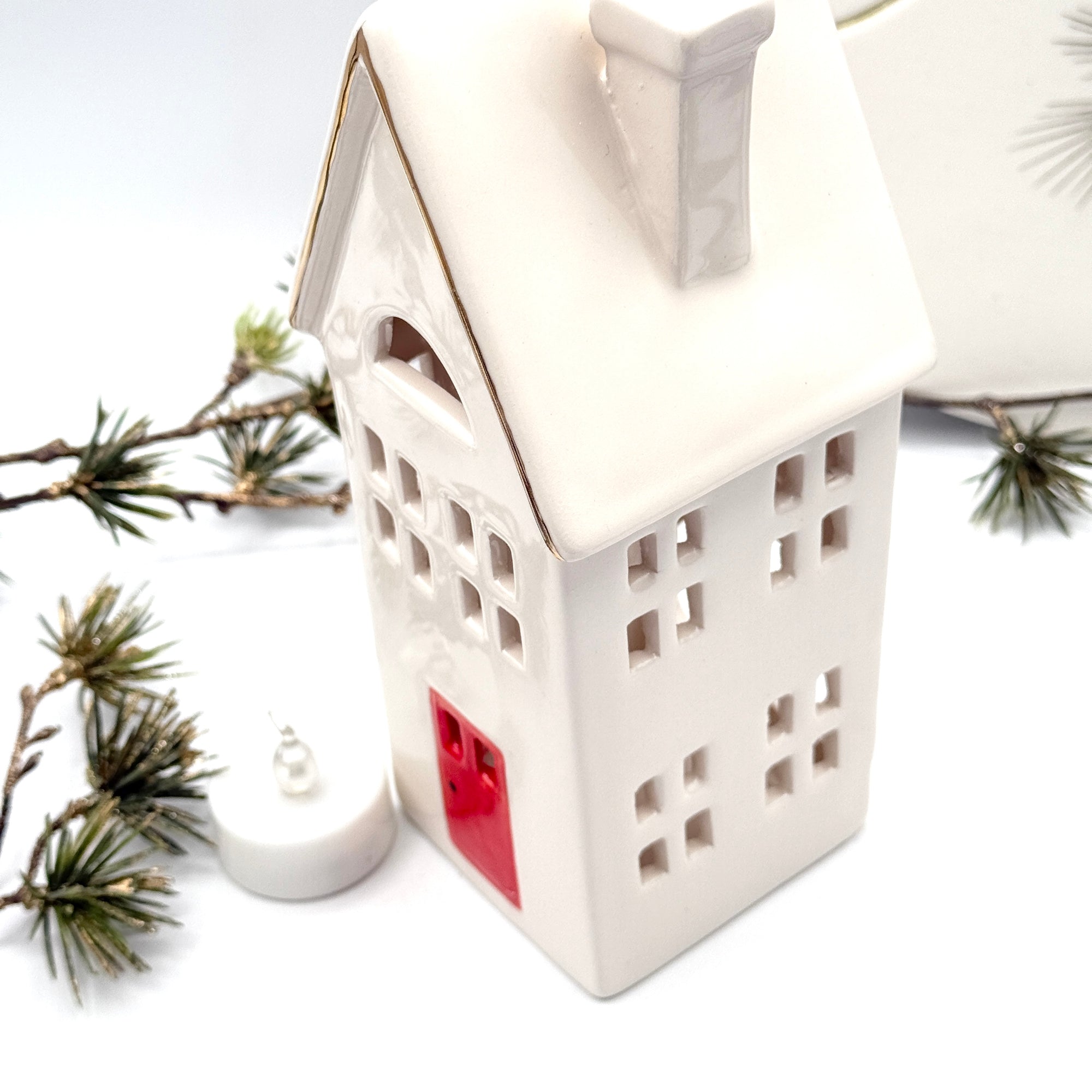 Ceramic Christmas Luminary House with Red Door – Hand Painted