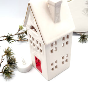 Ceramic Christmas Luminary House with Red Door – Hand Painted