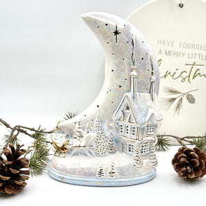 Winter Moonlit Cottage – Ceramic Holiday Luminary