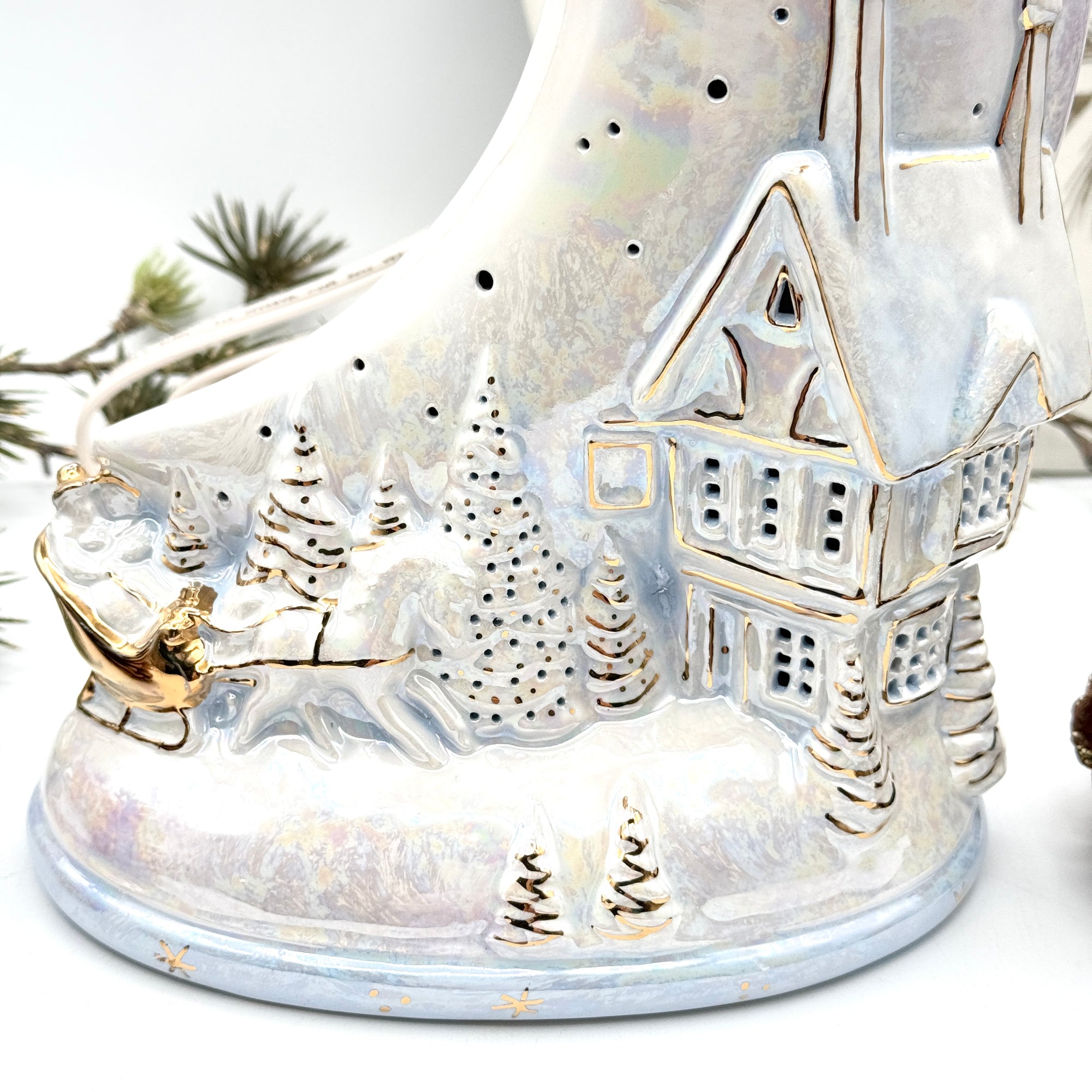 Winter Moonlit Cottage – Ceramic Holiday Luminary