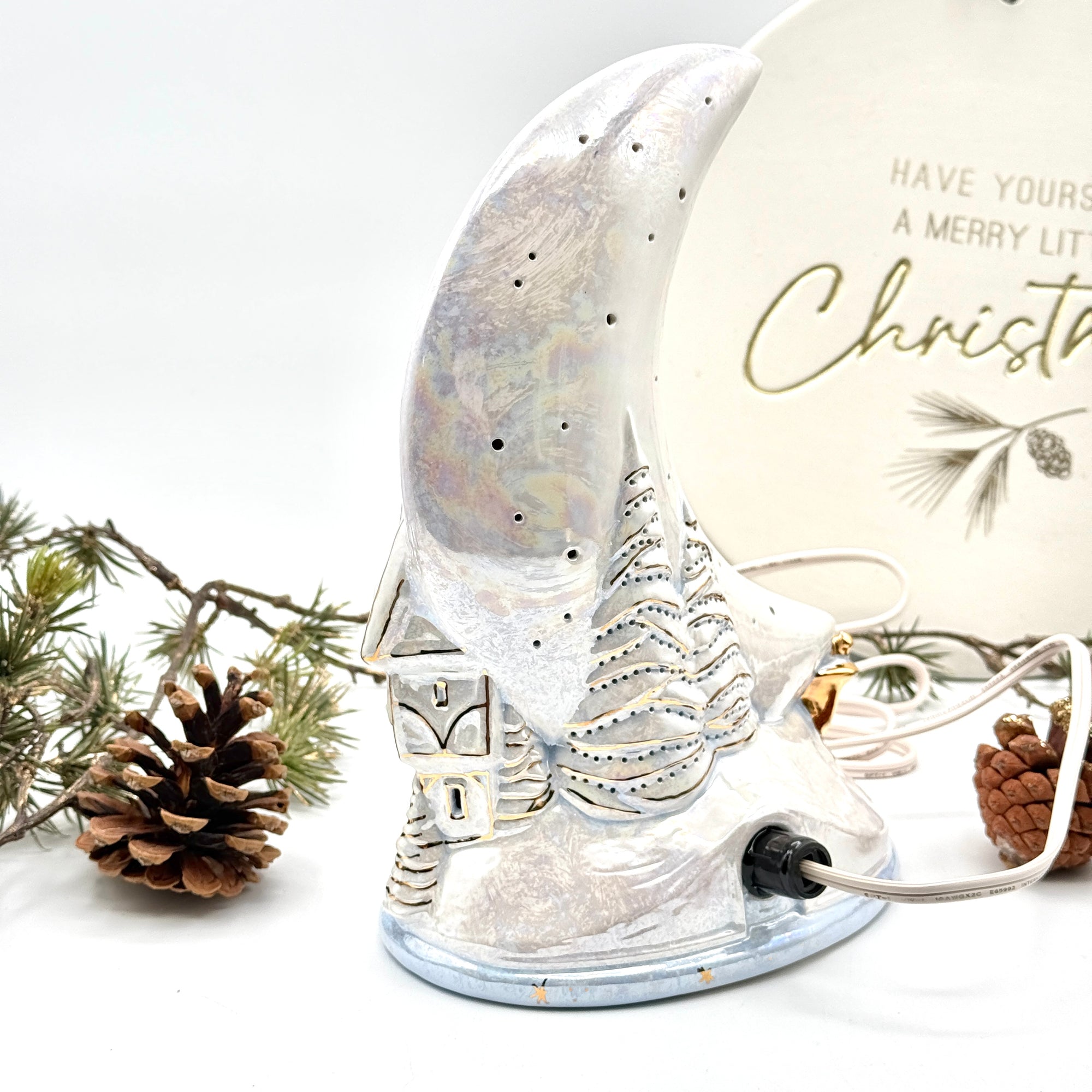 Winter Moonlit Cottage – Ceramic Holiday Luminary