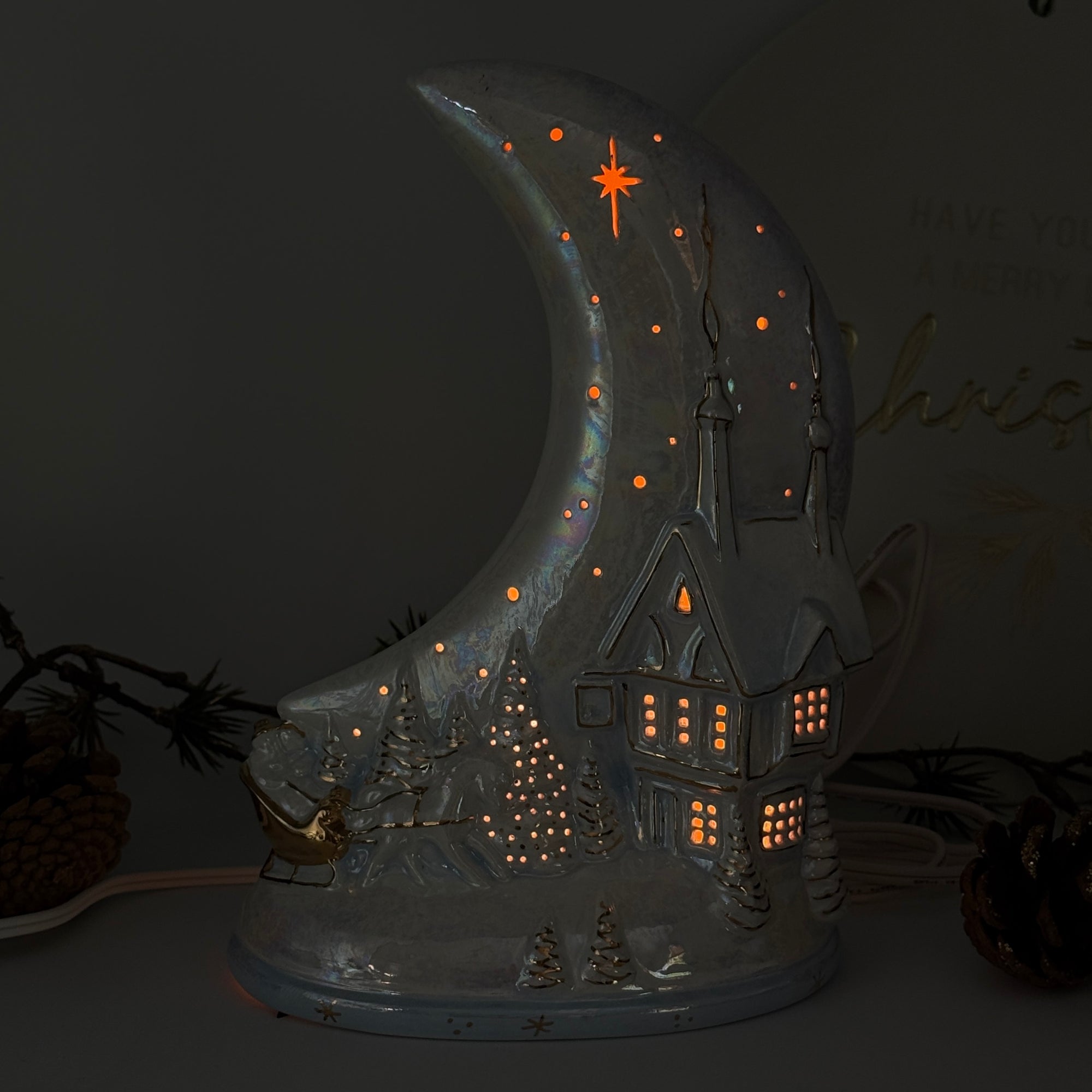 Winter Moonlit Cottage – Ceramic Holiday Luminary