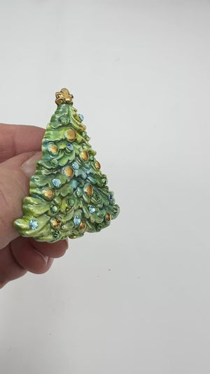 Christmas Tree Ceramic Brooch - Verigated Green/Blue