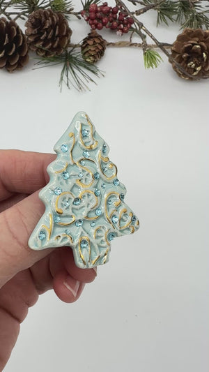Christmas Tree Ceramic Brooch - Light Blue on Blue